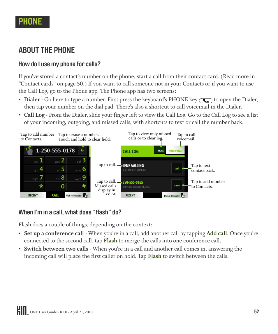 Phone, About the phone, How do i use my phone for calls | When i’m in a call, what does “flash” do | Sharp KIN One OMPB10ZU User Manual | Page 52 / 155