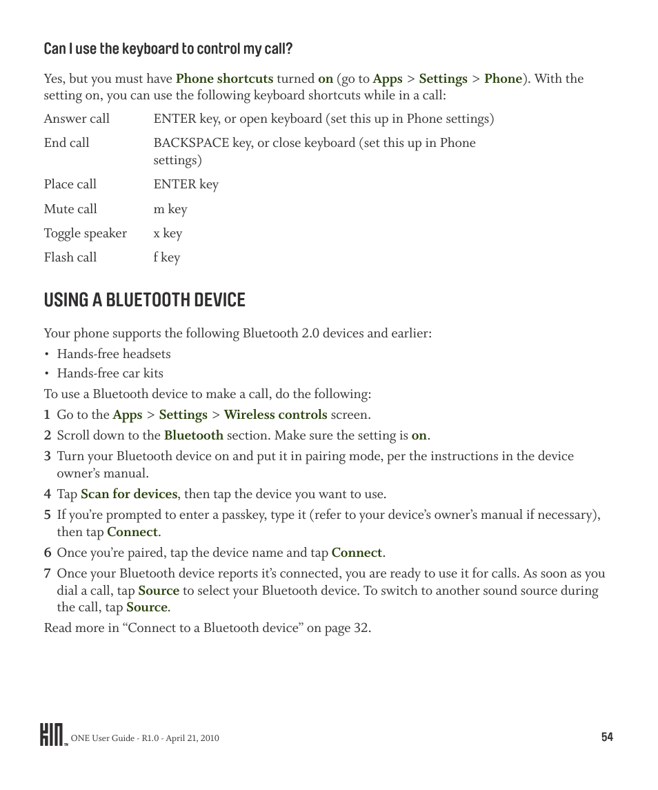 Using a bluetooth device | Sharp KIN One OMPB10ZU User Manual | Page 54 / 155