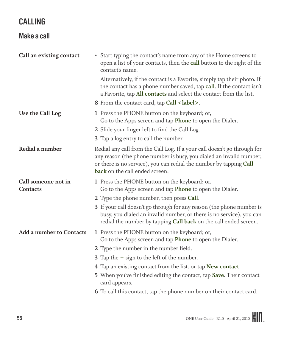 Calling, Make a call | Sharp KIN One OMPB10ZU User Manual | Page 55 / 155