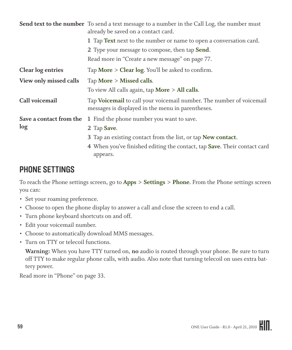 Phone settings | Sharp KIN One OMPB10ZU User Manual | Page 59 / 155