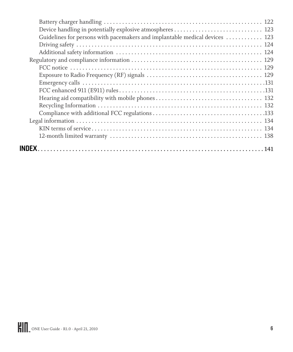 Index | Sharp KIN One OMPB10ZU User Manual | Page 6 / 155