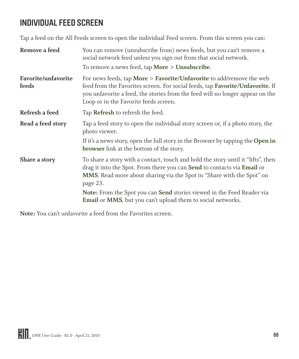 Individual feed screen | Sharp KIN One OMPB10ZU User Manual | Page 66 / 155