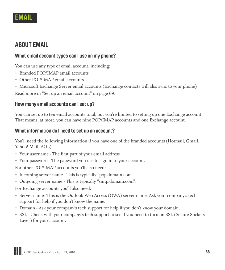 Email, About email | Sharp KIN One OMPB10ZU User Manual | Page 68 / 155