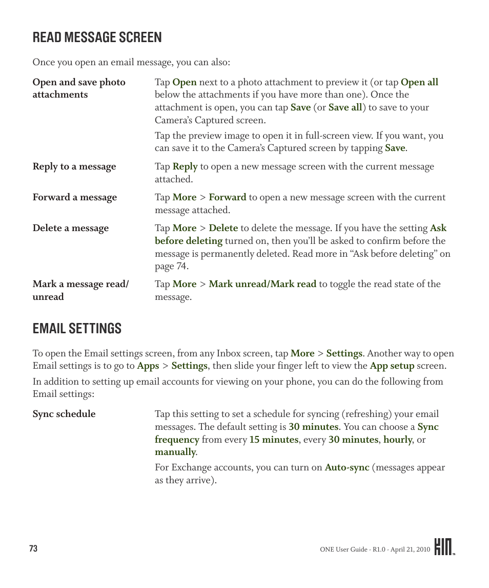 Read message screen email settings, Ings in “email settings, Read message screen | Email settings | Sharp KIN One OMPB10ZU User Manual | Page 73 / 155