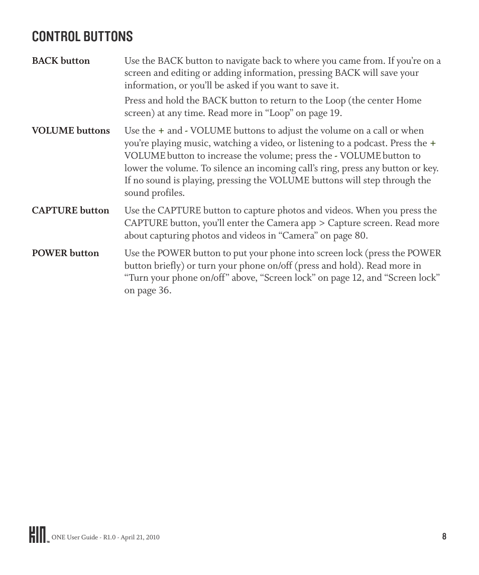 Control buttons | Sharp KIN One OMPB10ZU User Manual | Page 8 / 155