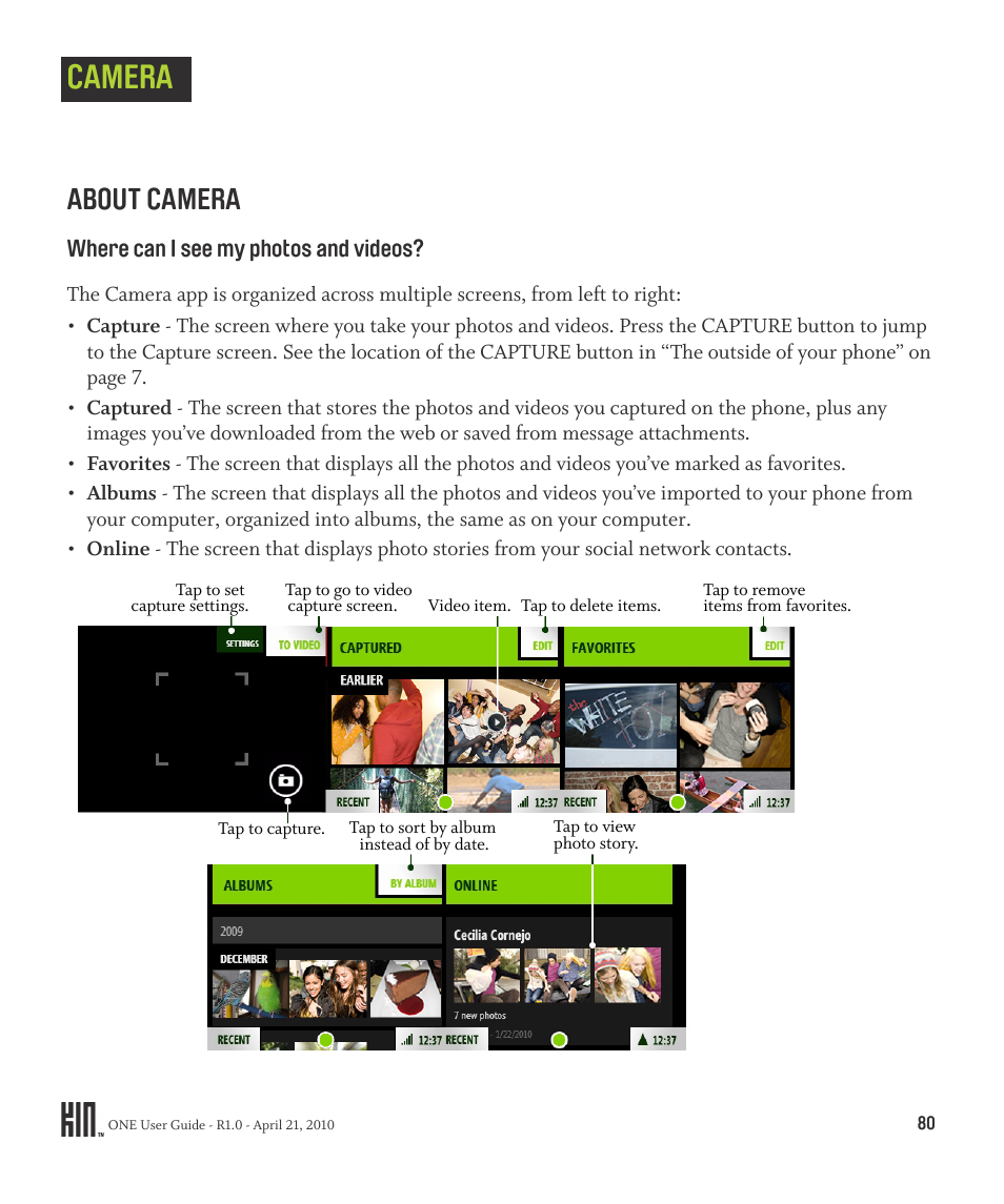 Camera, About camera | Sharp KIN One OMPB10ZU User Manual | Page 80 / 155