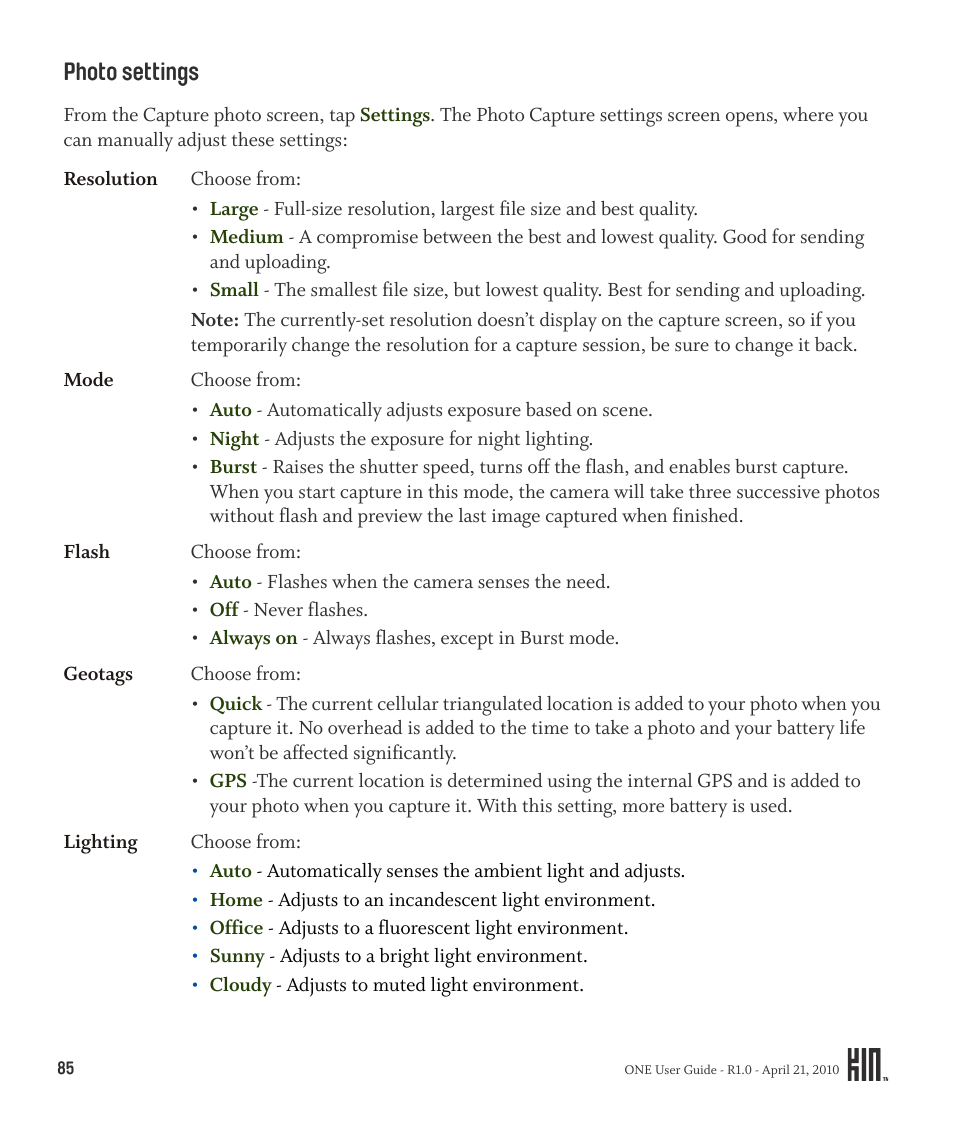 Photo settings | Sharp KIN One OMPB10ZU User Manual | Page 85 / 155