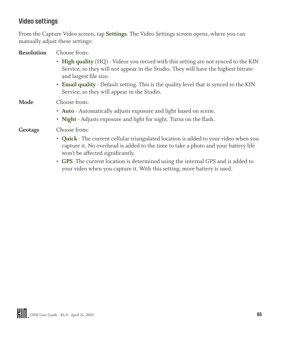 Video settings | Sharp KIN One OMPB10ZU User Manual | Page 86 / 155