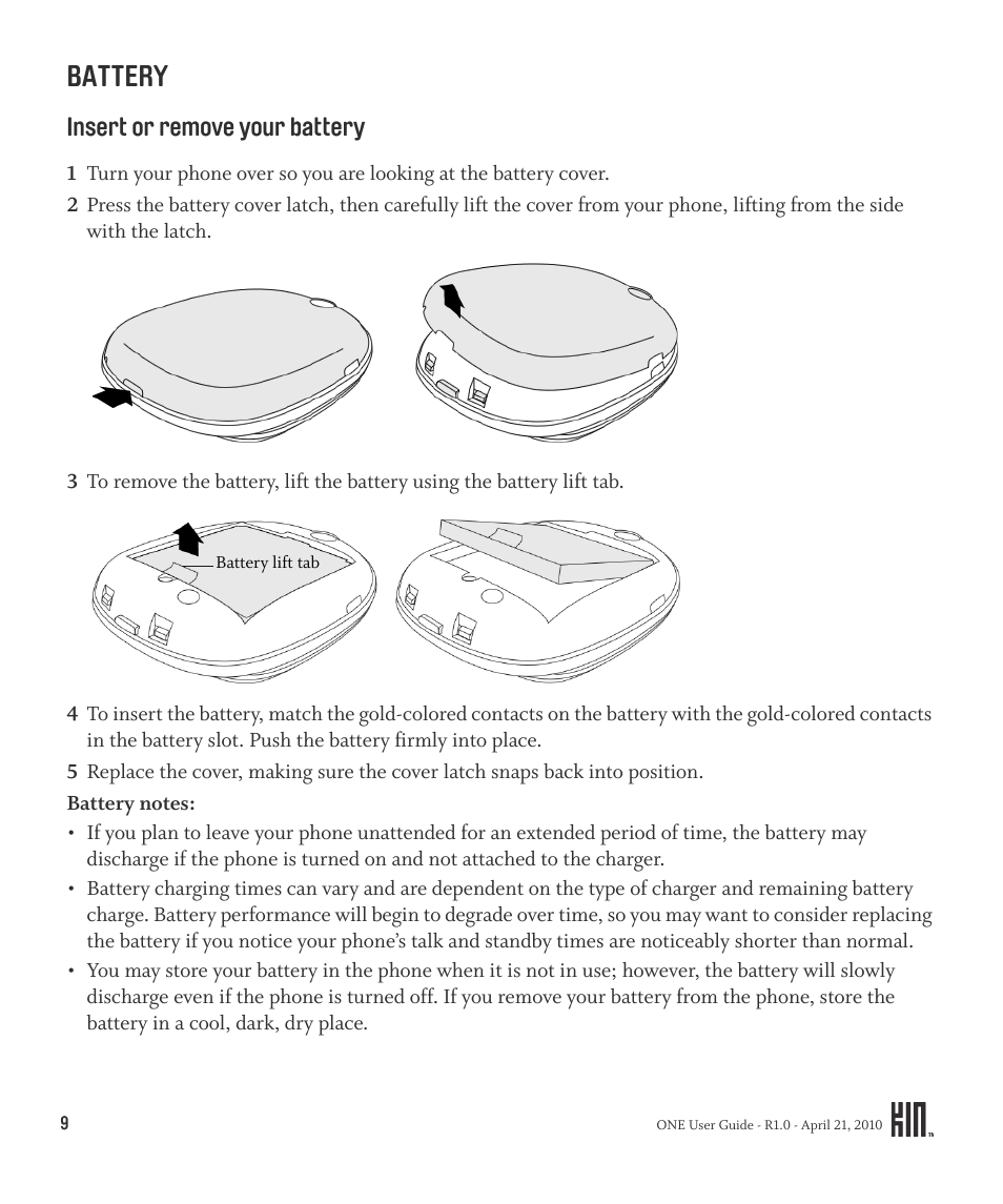 Battery, Insert or remove your battery | Sharp KIN One OMPB10ZU User Manual | Page 9 / 155