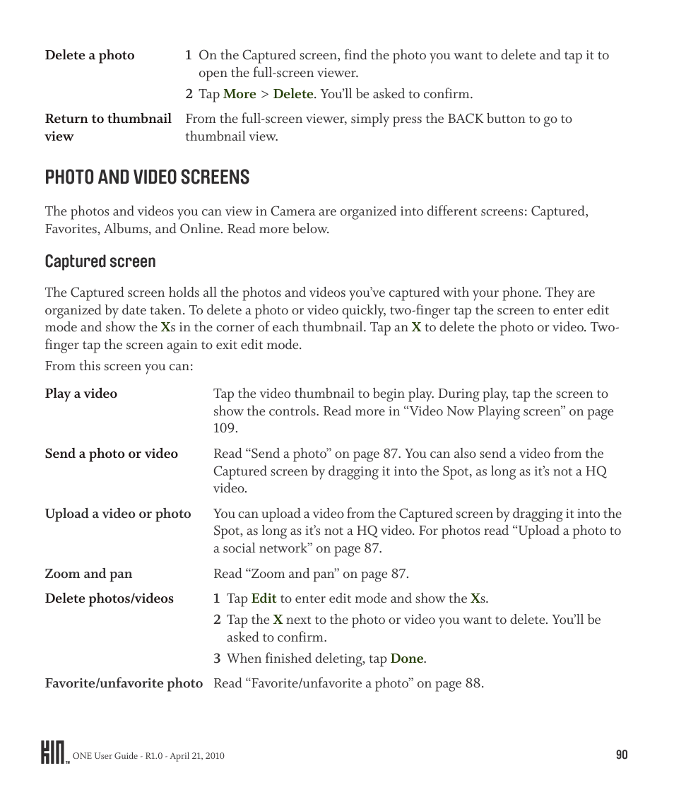 Photo and video screens, Captured screen | Sharp KIN One OMPB10ZU User Manual | Page 90 / 155