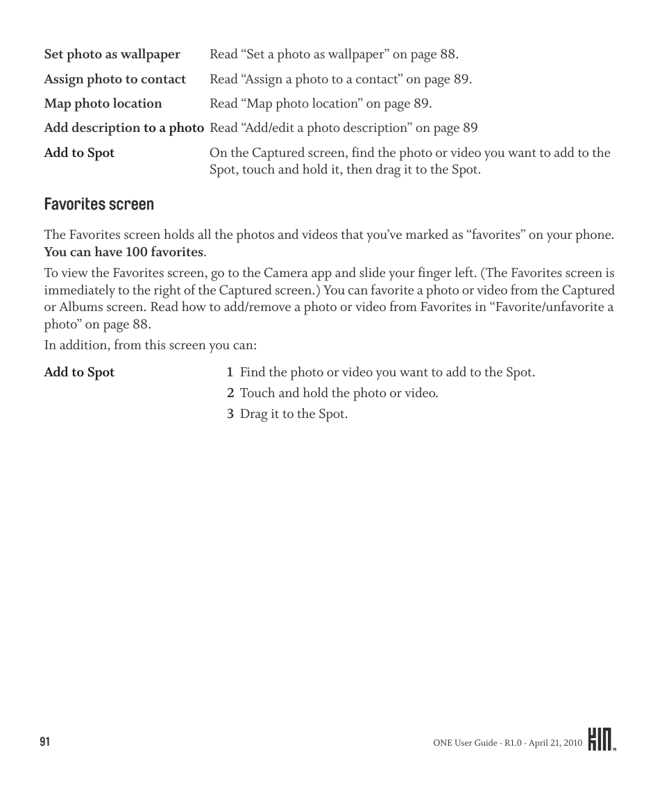 Favorites screen | Sharp KIN One OMPB10ZU User Manual | Page 91 / 155