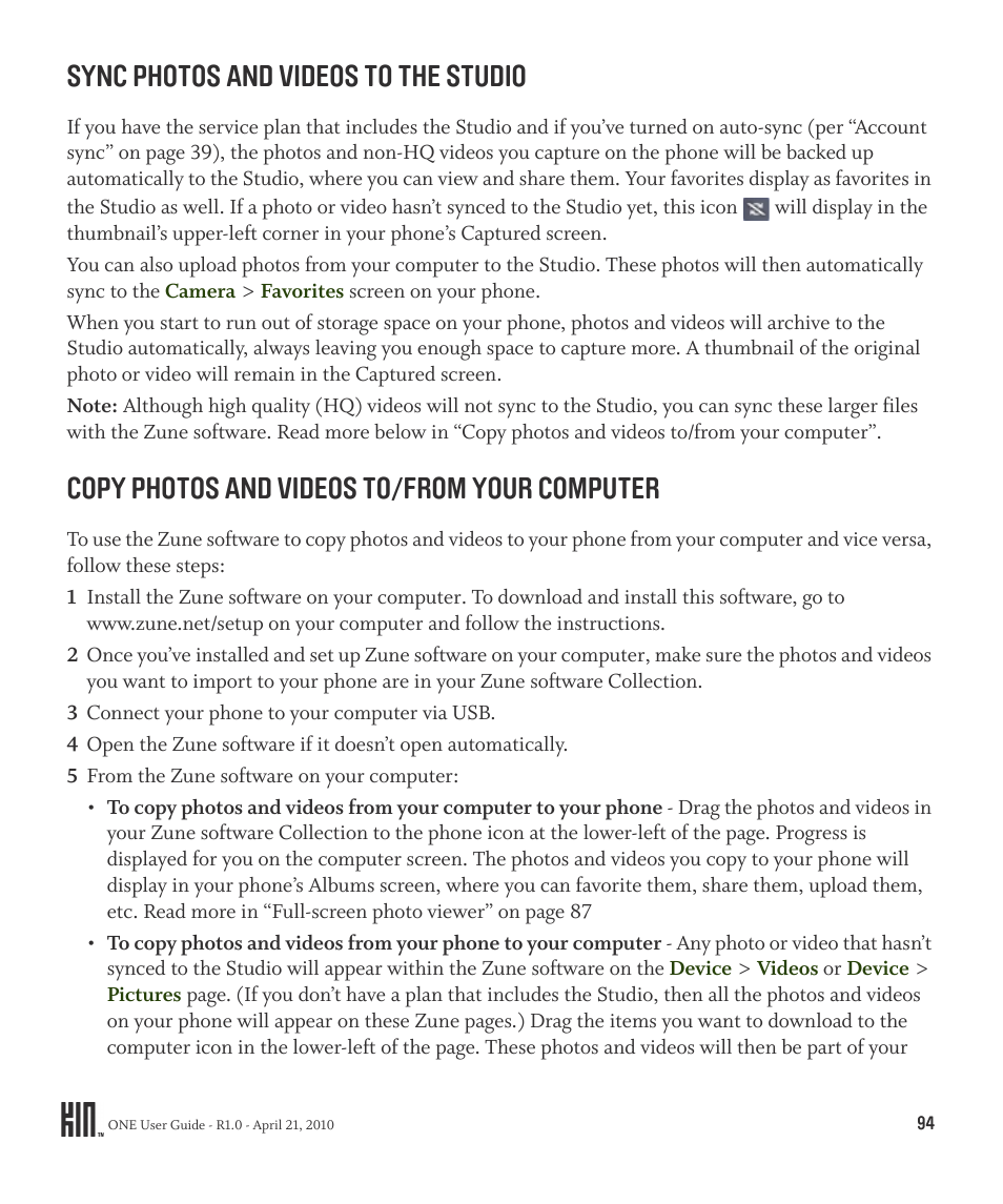 Sync photos and videos to the studio, Copy photos and videos to/from your computer | Sharp KIN One OMPB10ZU User Manual | Page 94 / 155