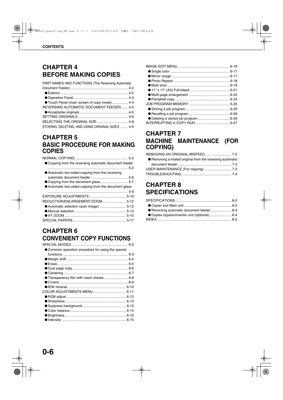 Chapter 4 before making copies, Chapter 5 basic procedure for making copies, Chapter 6 convenient copy functions | Chapter 7 machine maintenance (for copying), Chapter 8 specifications | Sharp AR-BC320 User Manual | Page 10 / 140
