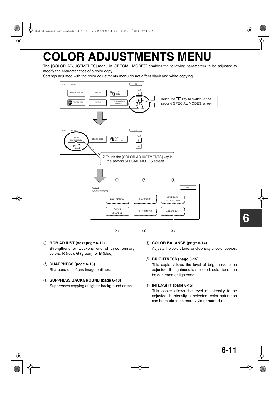 Color adjustments menu, Color adjustments menu -11, E 6- 11) | E 6-11, 6color adjustments menu | Sharp AR-BC320 User Manual | Page 107 / 140