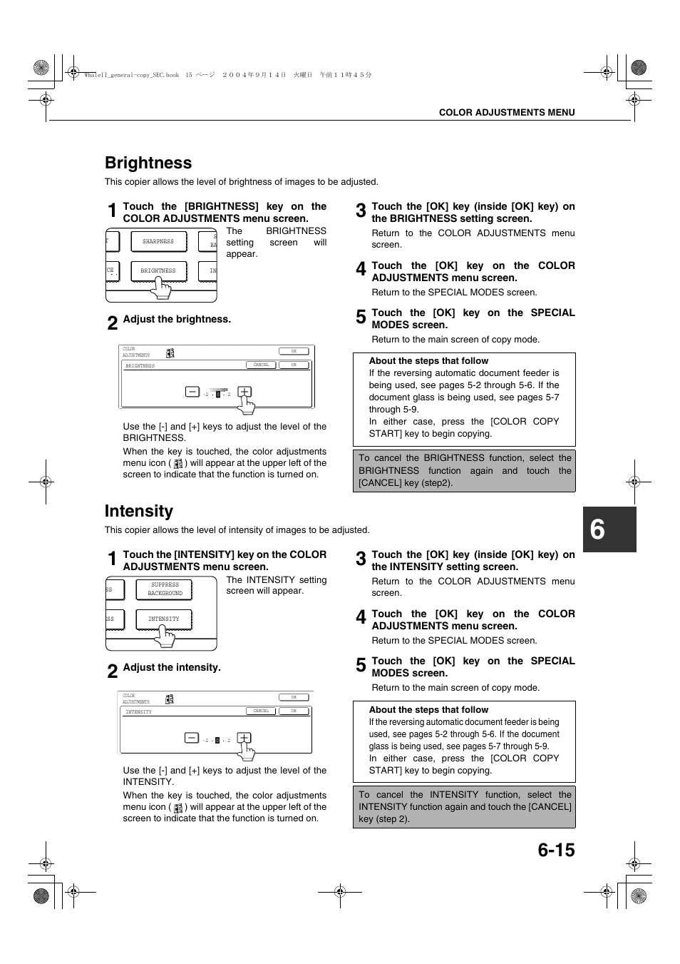 Brightness, Intensity, Brightness -15 | Intensity -15, E 6-15) | Sharp AR-BC320 User Manual | Page 111 / 140