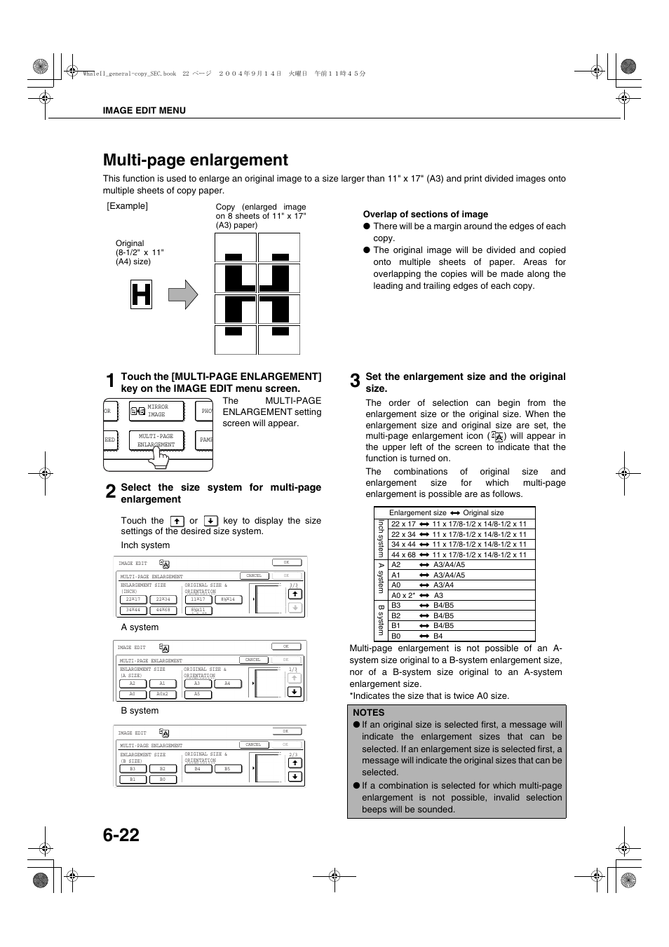 Multi-page enlargement, Select the size system for multi-page enlargement, Set the enlargement size and the original size | Sharp AR-BC320 User Manual | Page 118 / 140