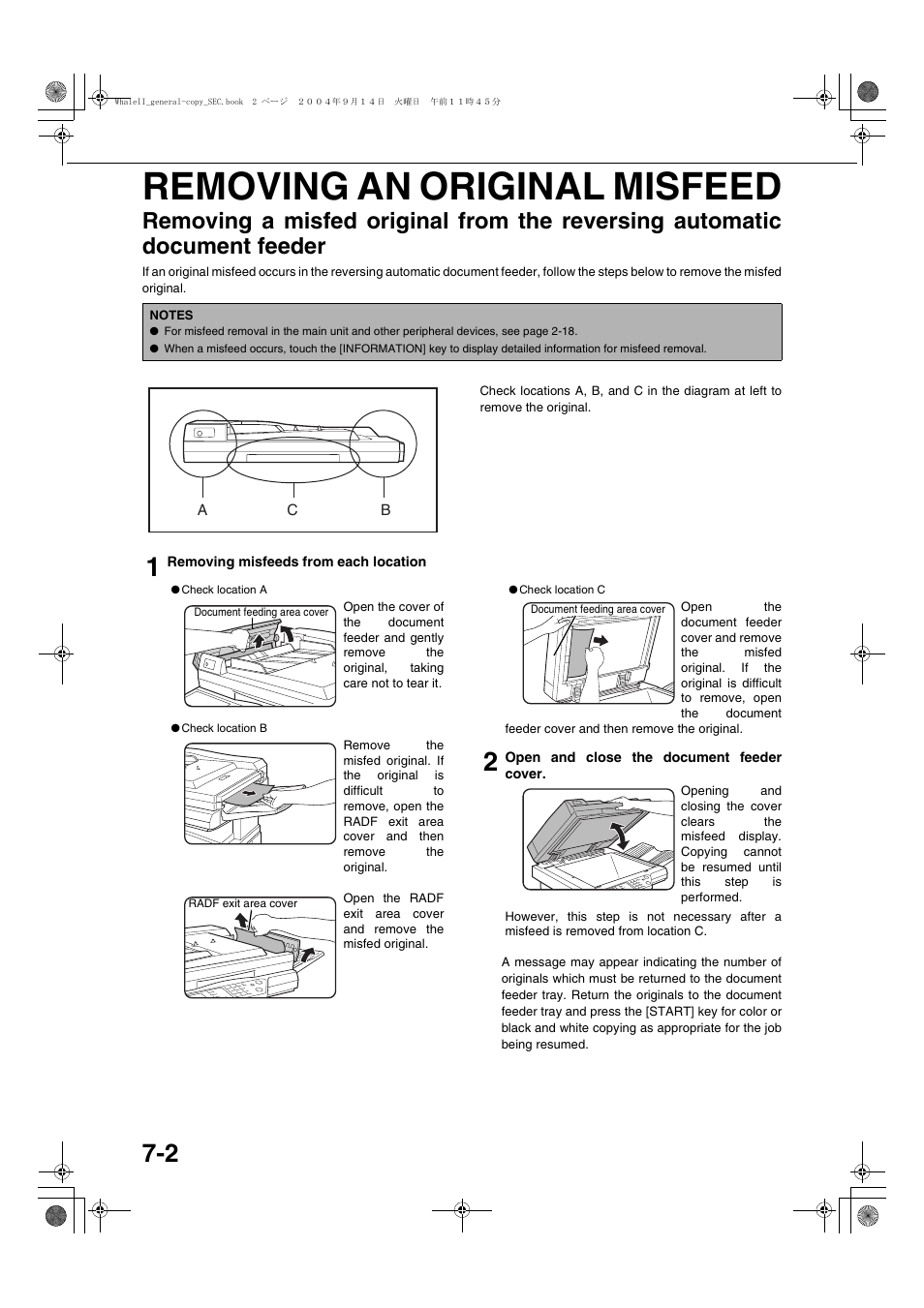 Removing an original misfeed, Removing an original misfeed -2, Document feeder | E 7-2) | Sharp AR-BC320 User Manual | Page 126 / 140