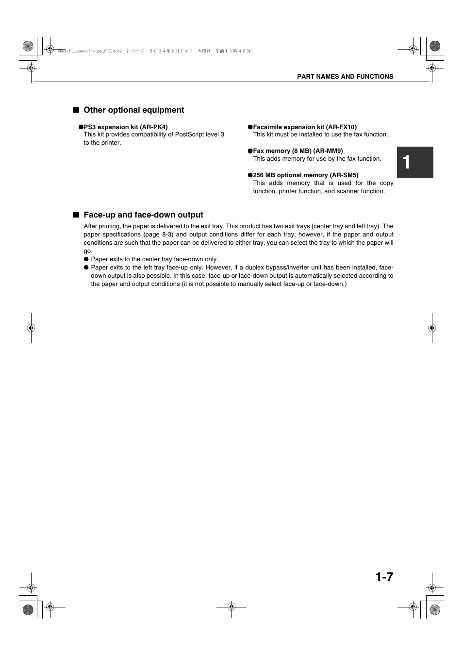 Other optional equipment, Face-up and face-down output | Sharp AR-BC320 User Manual | Page 17 / 140