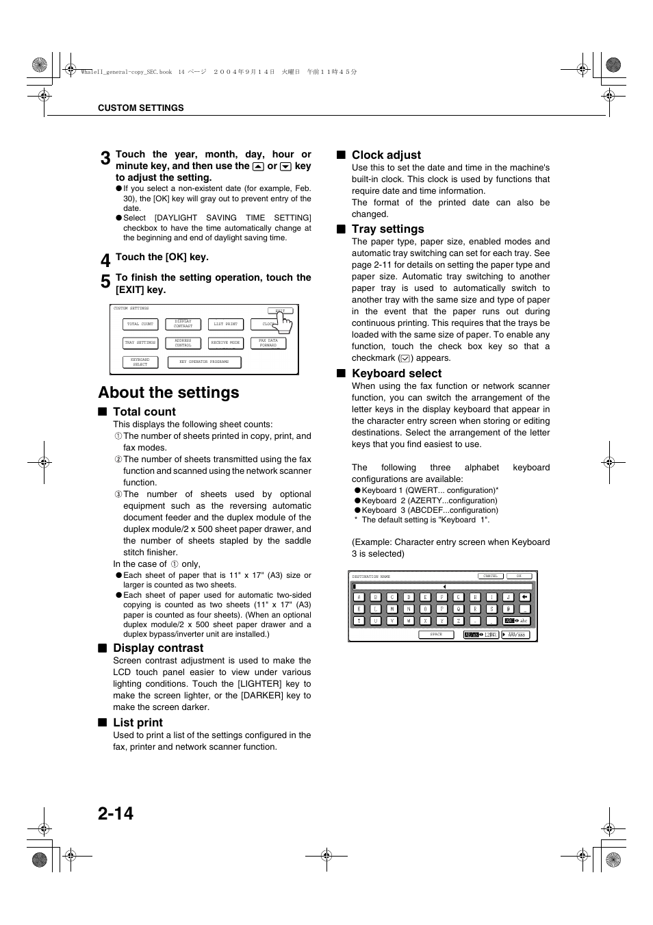 About the settings, Total count, Display contrast | List print, Clock adjust, Tray settings, Keyboard select, About the settings -14 | Sharp AR-BC320 User Manual | Page 36 / 140