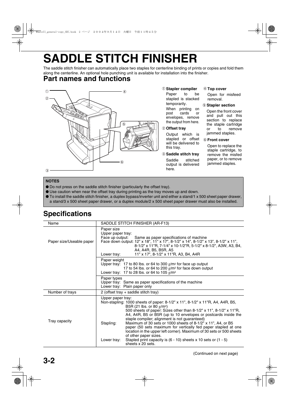 Saddle stitch finisher, Part names and functions, Specifications | Saddle stitch finisher -2, Part names and functions -2, Specifications -2, Part names and functions specifications | Sharp AR-BC320 User Manual | Page 50 / 140