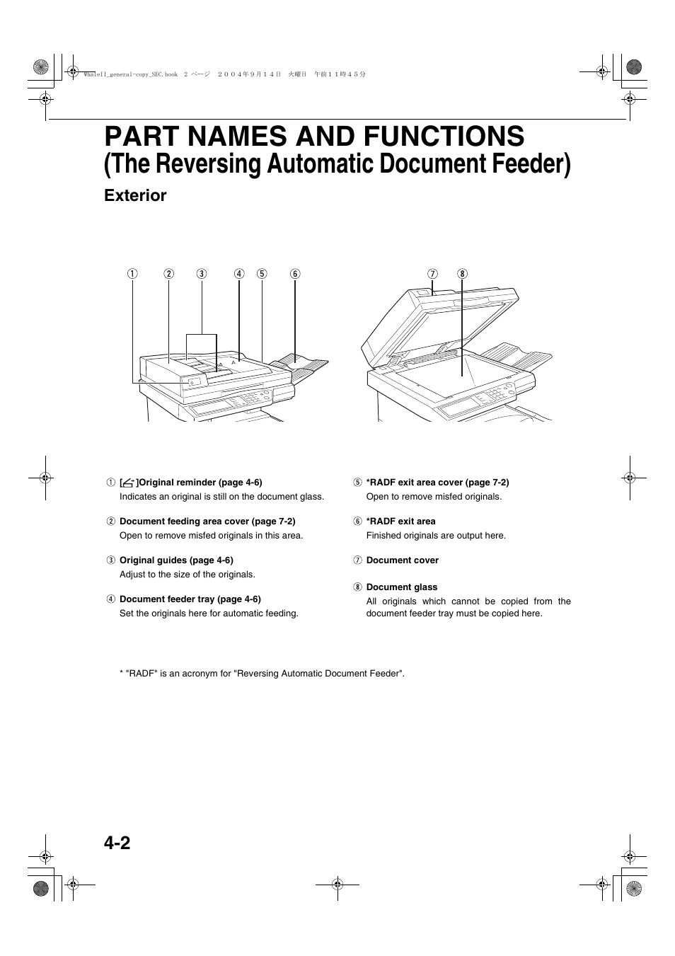 Exterior, Part names and functions (the reversing automatic, Document feeder) -2 | Exterior -2 | Sharp AR-BC320 User Manual | Page 70 / 140