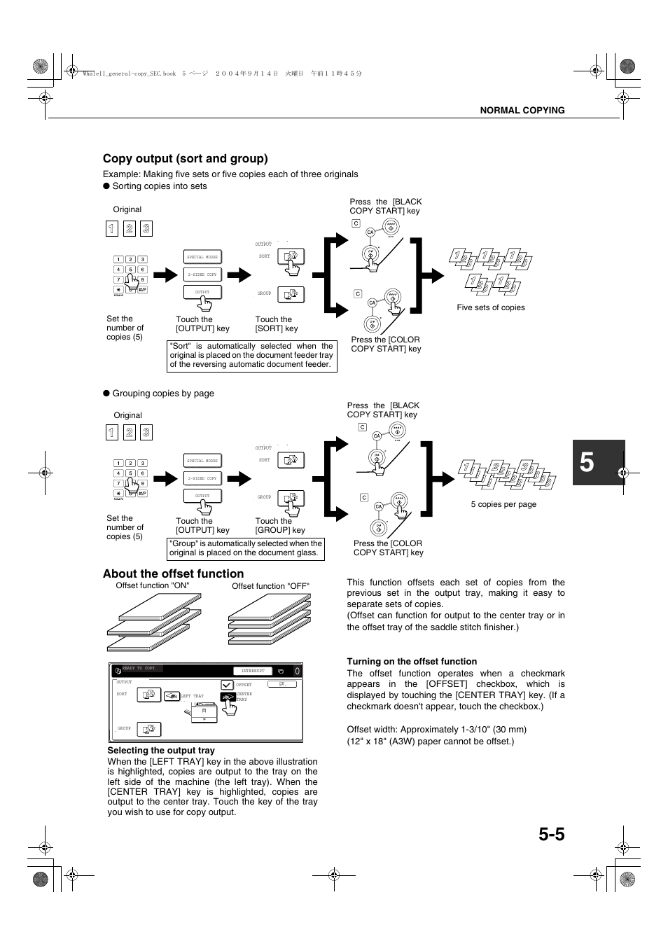 Copy output (sort and group), About the offset function, And off | Sharp AR-BC320 User Manual | Page 83 / 140