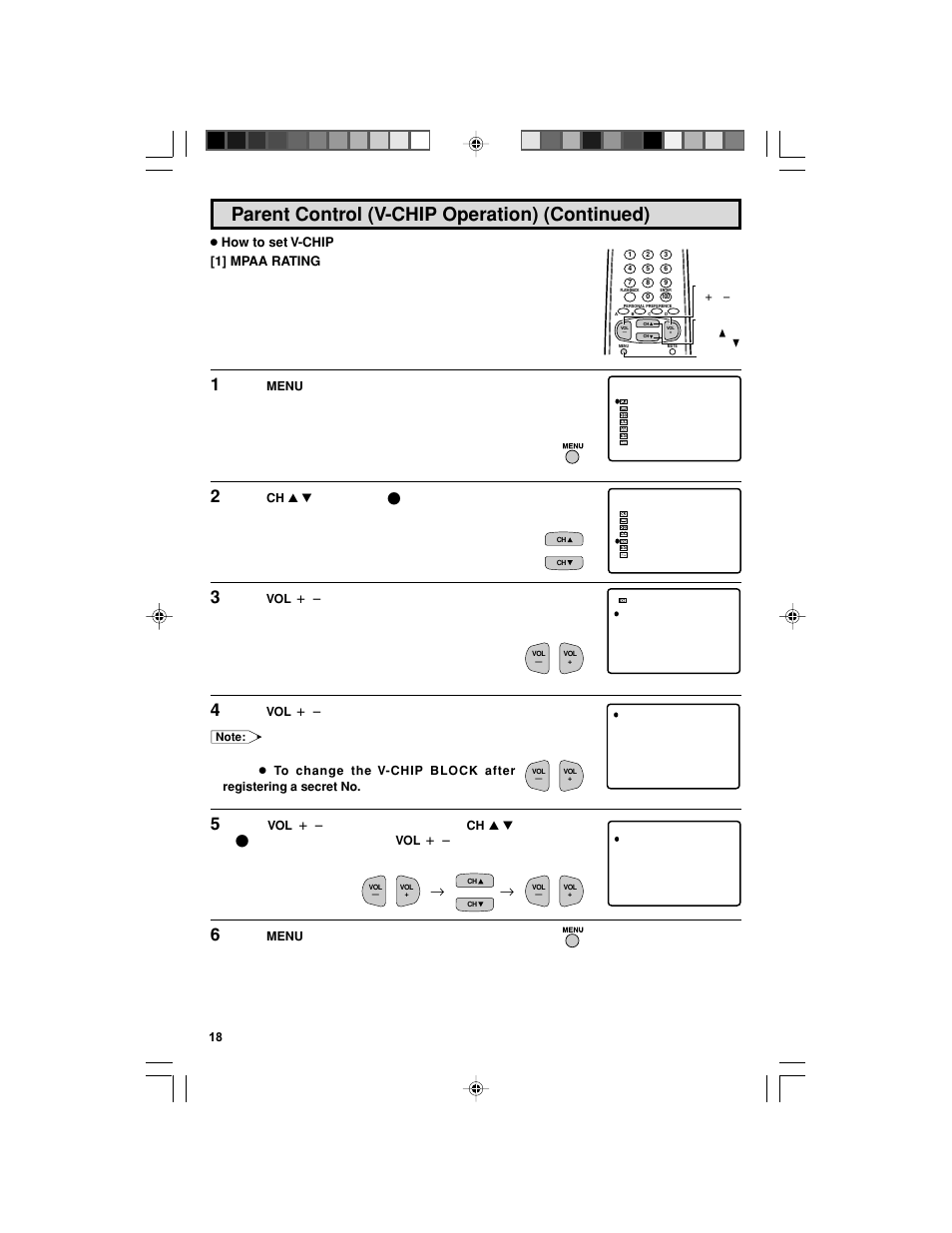 Parent control (v-chip operation) (continued), How to set v-chip [1] mpaa rating | Sharp 32F543 User Manual | Page 18 / 47