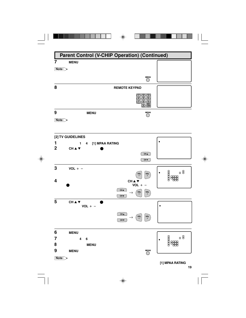 Parent control (v-chip operation) (continued), 2] tv guidelines | Sharp 32F543 User Manual | Page 19 / 47