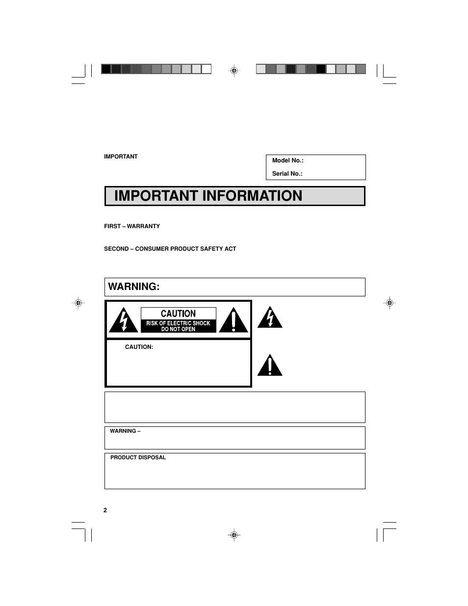 Important information, Warning | Sharp 32F543 User Manual | Page 2 / 47