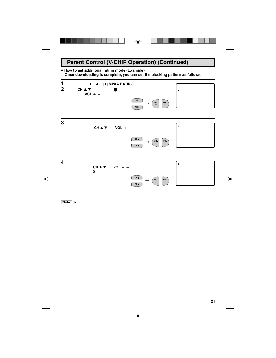 Parent control (v-chip operation) (continued) | Sharp 32F543 User Manual | Page 21 / 47