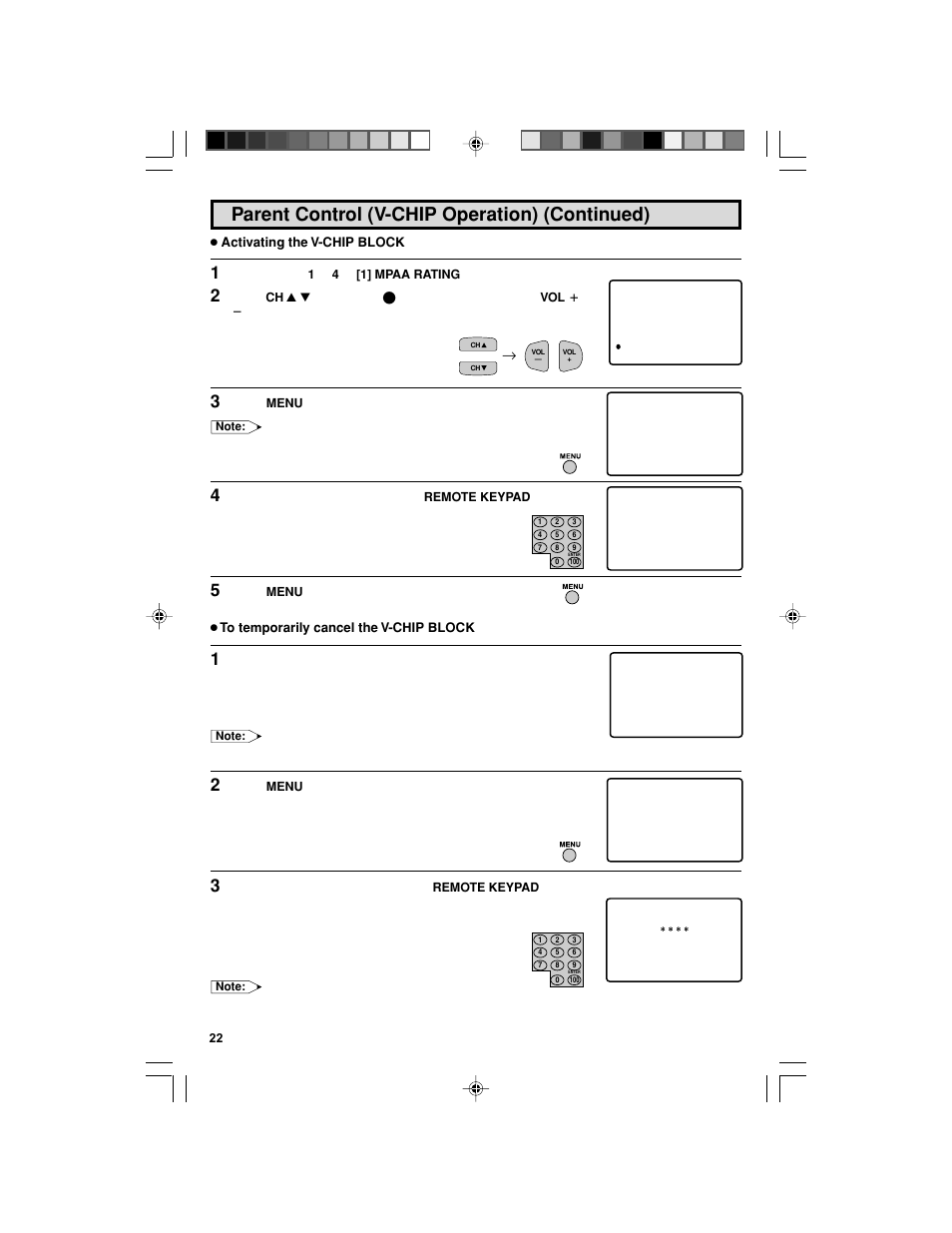 Parent control (v-chip operation) (continued) | Sharp 32F543 User Manual | Page 22 / 47