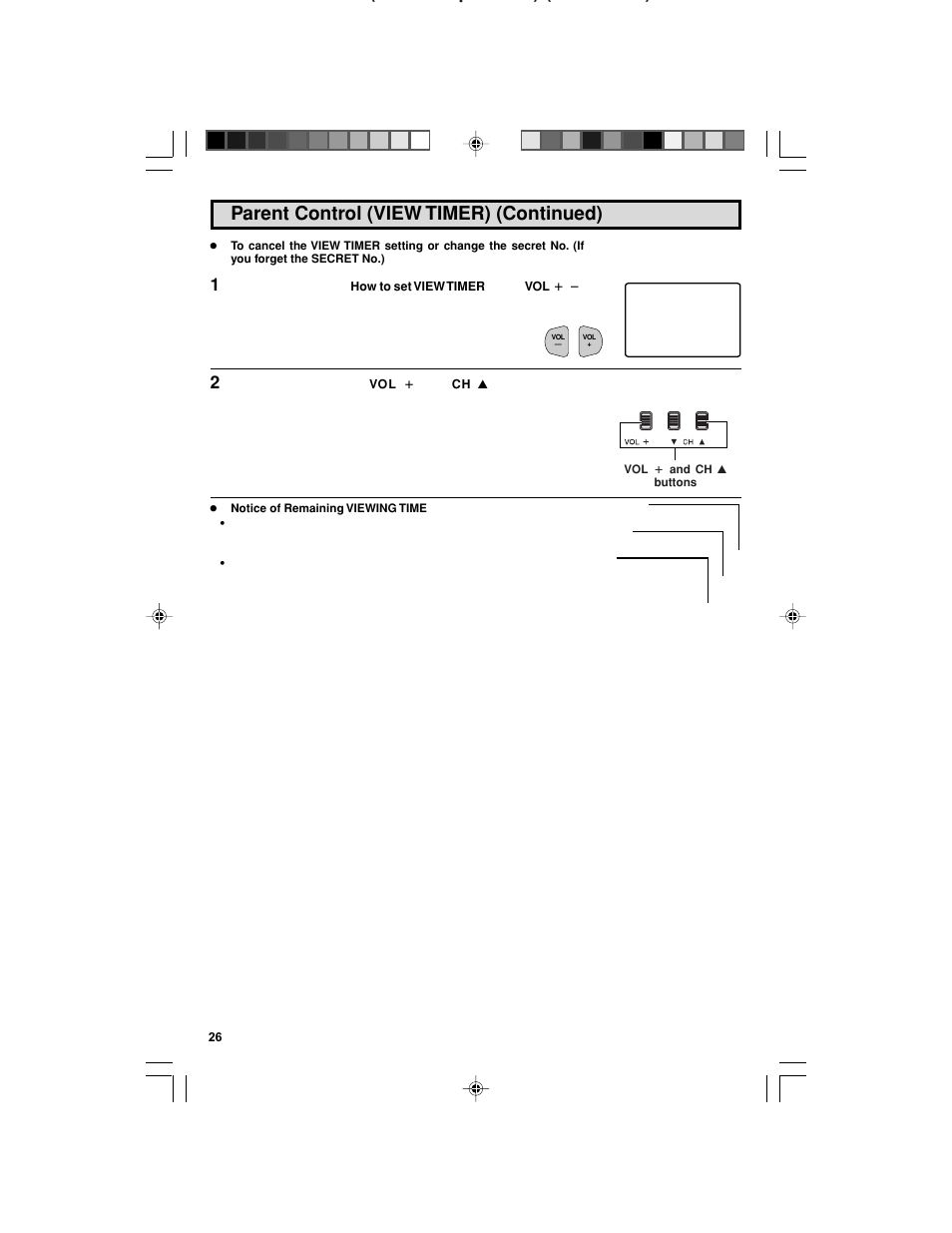 Parent control (view timer) (continued), P ) ( ) | Sharp 32F543 User Manual | Page 26 / 47
