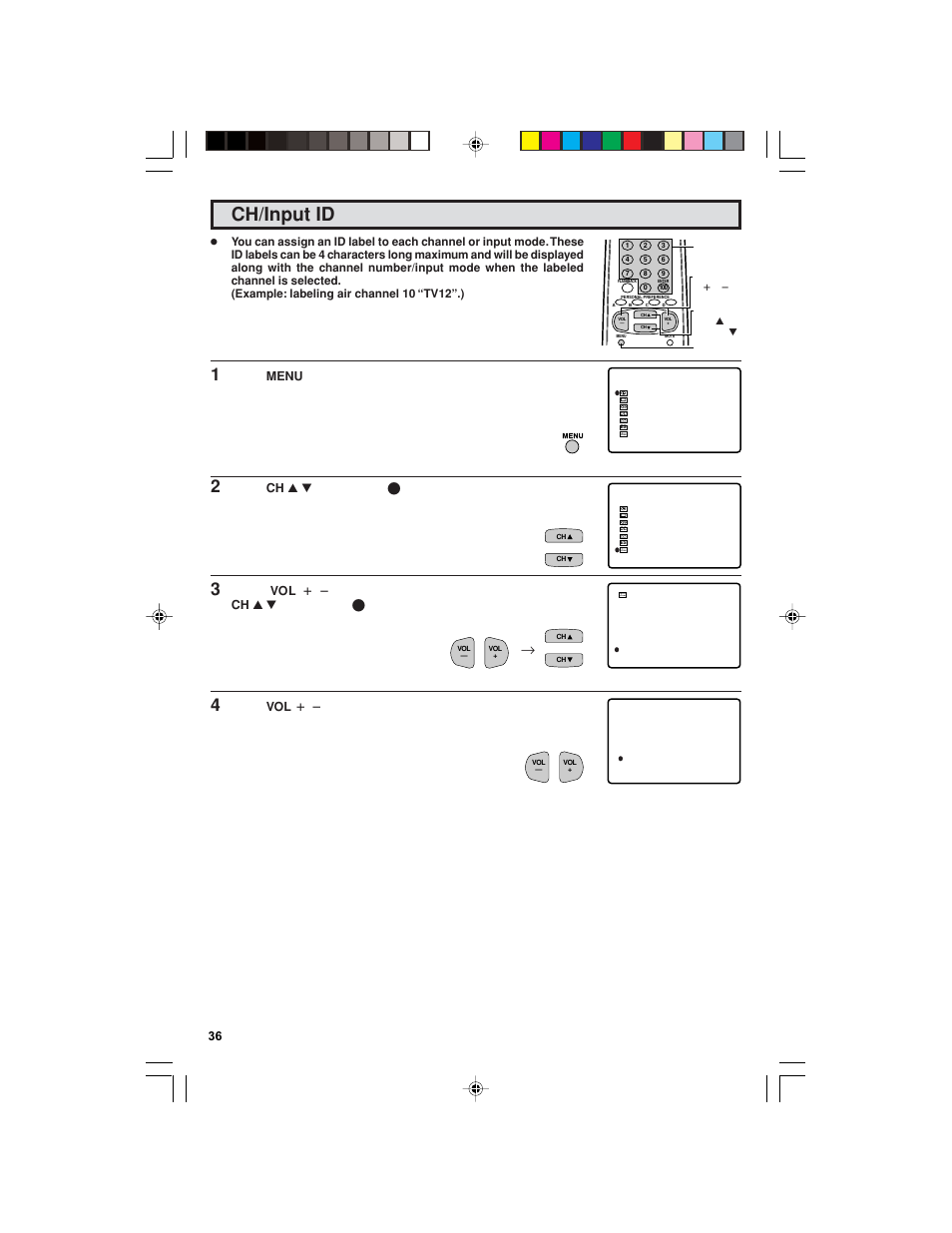 Ch/input id | Sharp 32F543 User Manual | Page 36 / 47