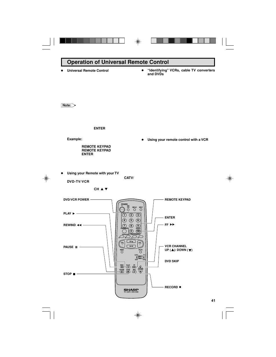 Operation of universal remote control | Sharp 32F543 User Manual | Page 41 / 47