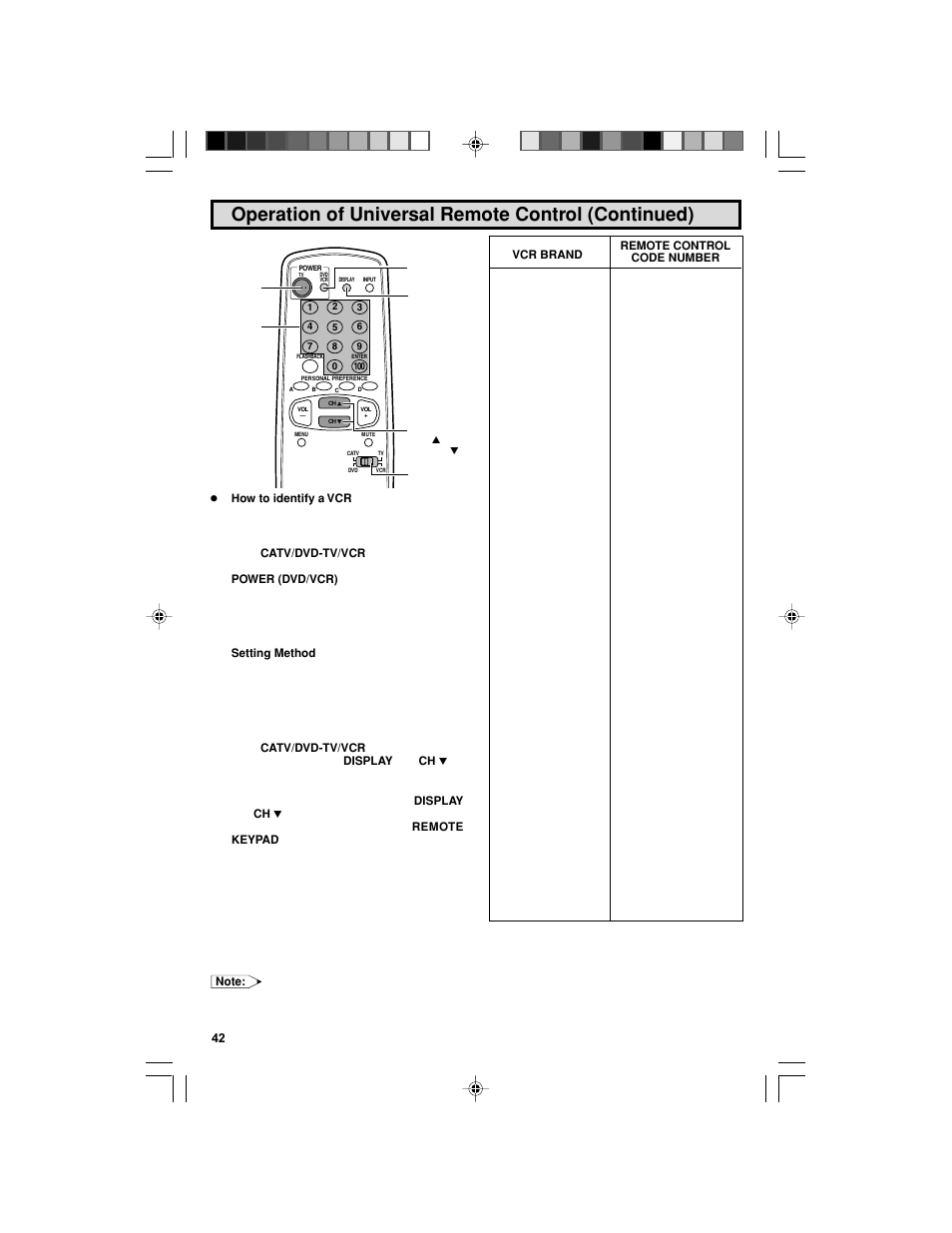 Operation of universal remote control (continued) | Sharp 32F543 User Manual | Page 42 / 47