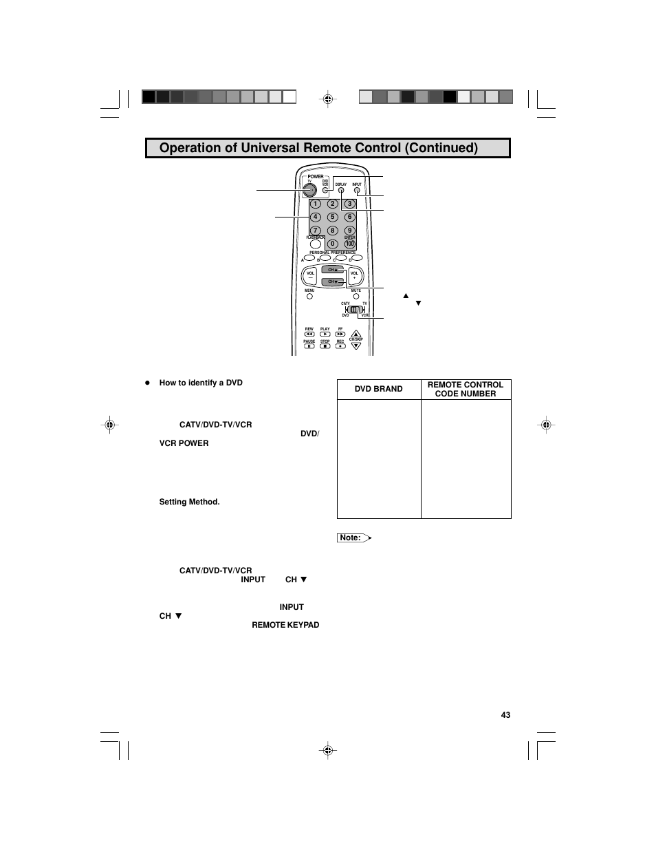 Operation of universal remote control (continued) | Sharp 32F543 User Manual | Page 43 / 47