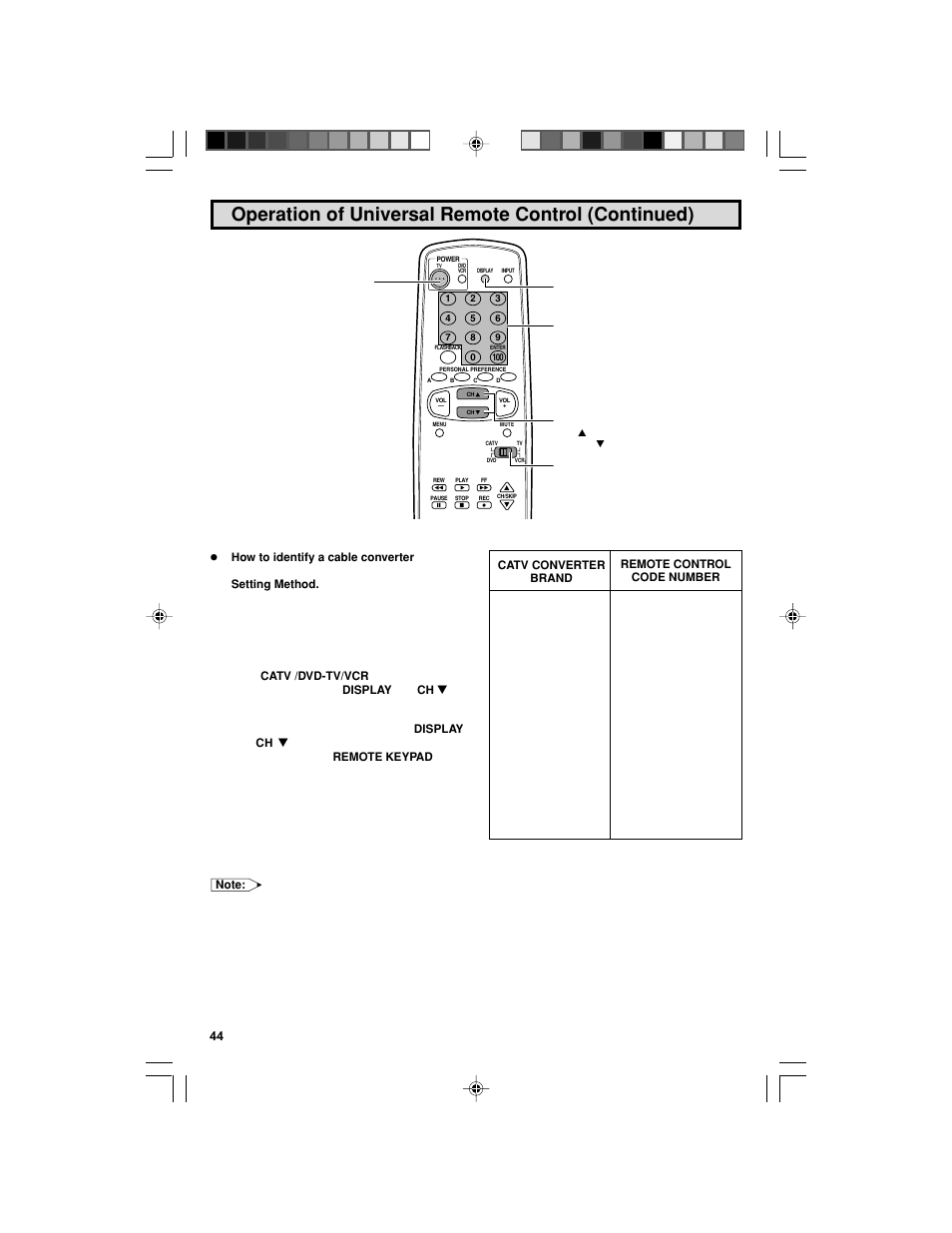 Operation of universal remote control (continued) | Sharp 32F543 User Manual | Page 44 / 47