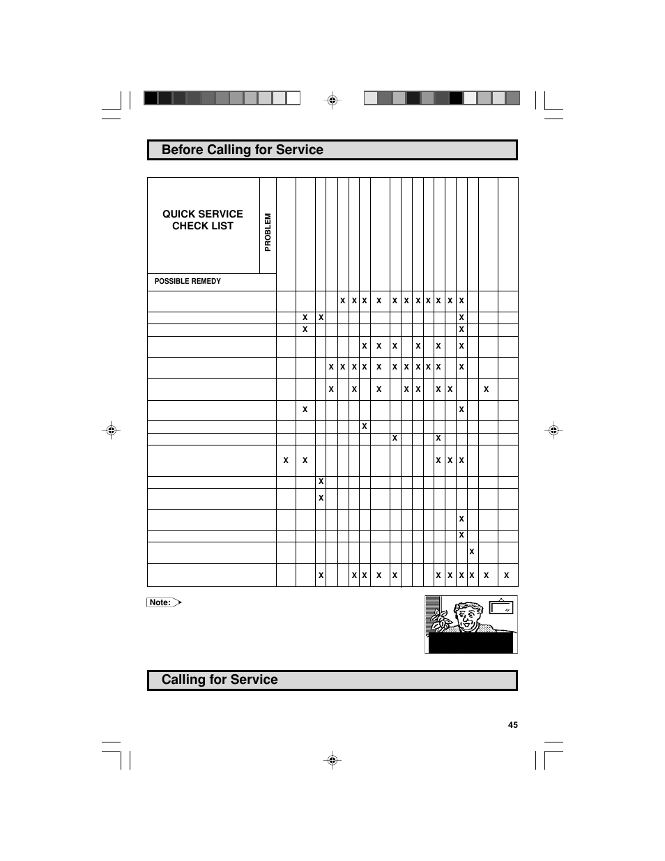 Before calling for service, Calling for service, Quick service check list | Sharp 32F543 User Manual | Page 45 / 47