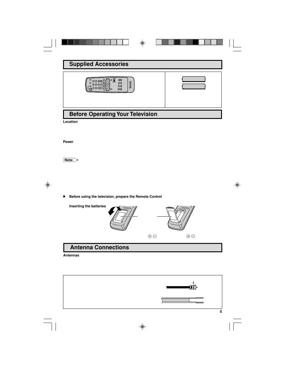Supplied accessories, Before operating your television, Antenna connections | Sharp 32F543 User Manual | Page 5 / 47