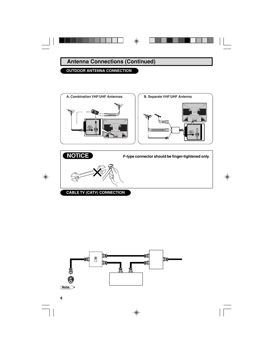 Notice, Antenna connections (continued), Cable tv (catv) connection | Outdoor antenna connection, F-type connector should be finger-tightened only | Sharp 32F543 User Manual | Page 6 / 47