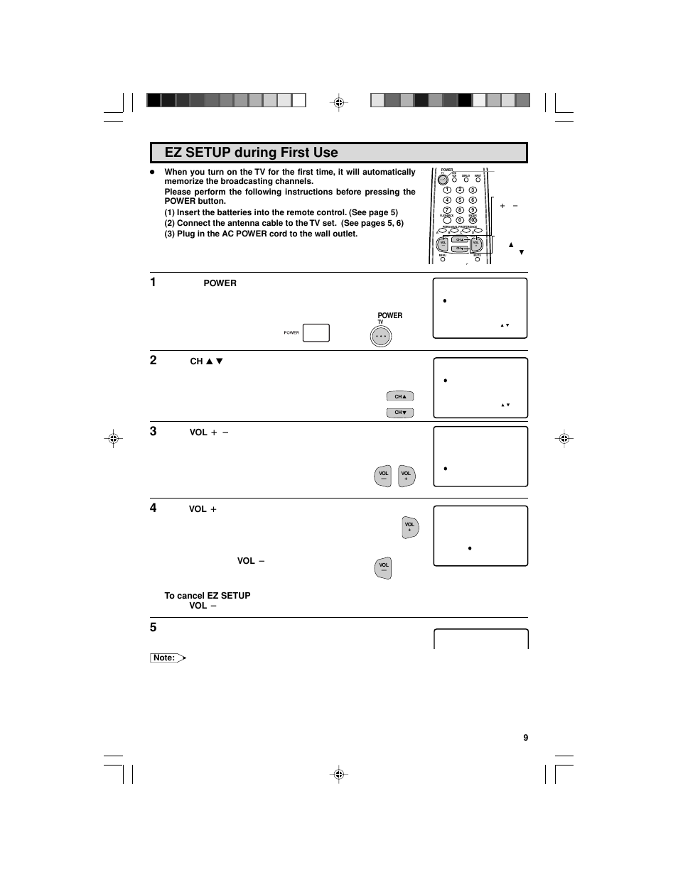 Ez setup during first use | Sharp 32F543 User Manual | Page 9 / 47