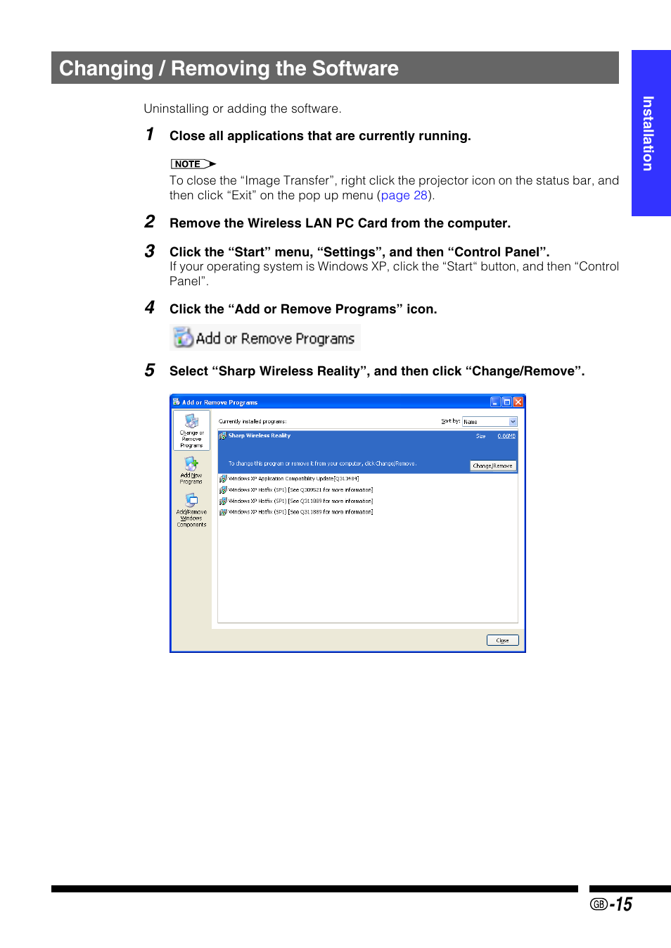 Changing/removing the software, For more information about uninstall, refer to, Changing / removing the software | Sharp PG-M25X User Manual | Page 15 / 62