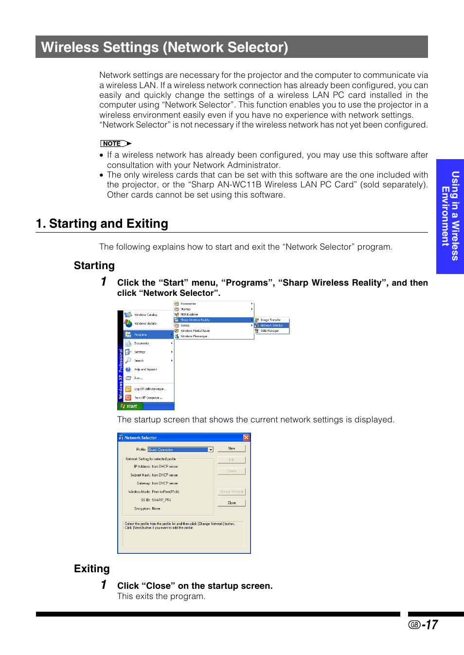 Using in a wireless enviroment, Wireless settings (network selector), Starting and exiting | Using in a wireless, Environment, Network selector, Using in a, Wireless, En vir onment | Sharp PG-M25X User Manual | Page 17 / 62
