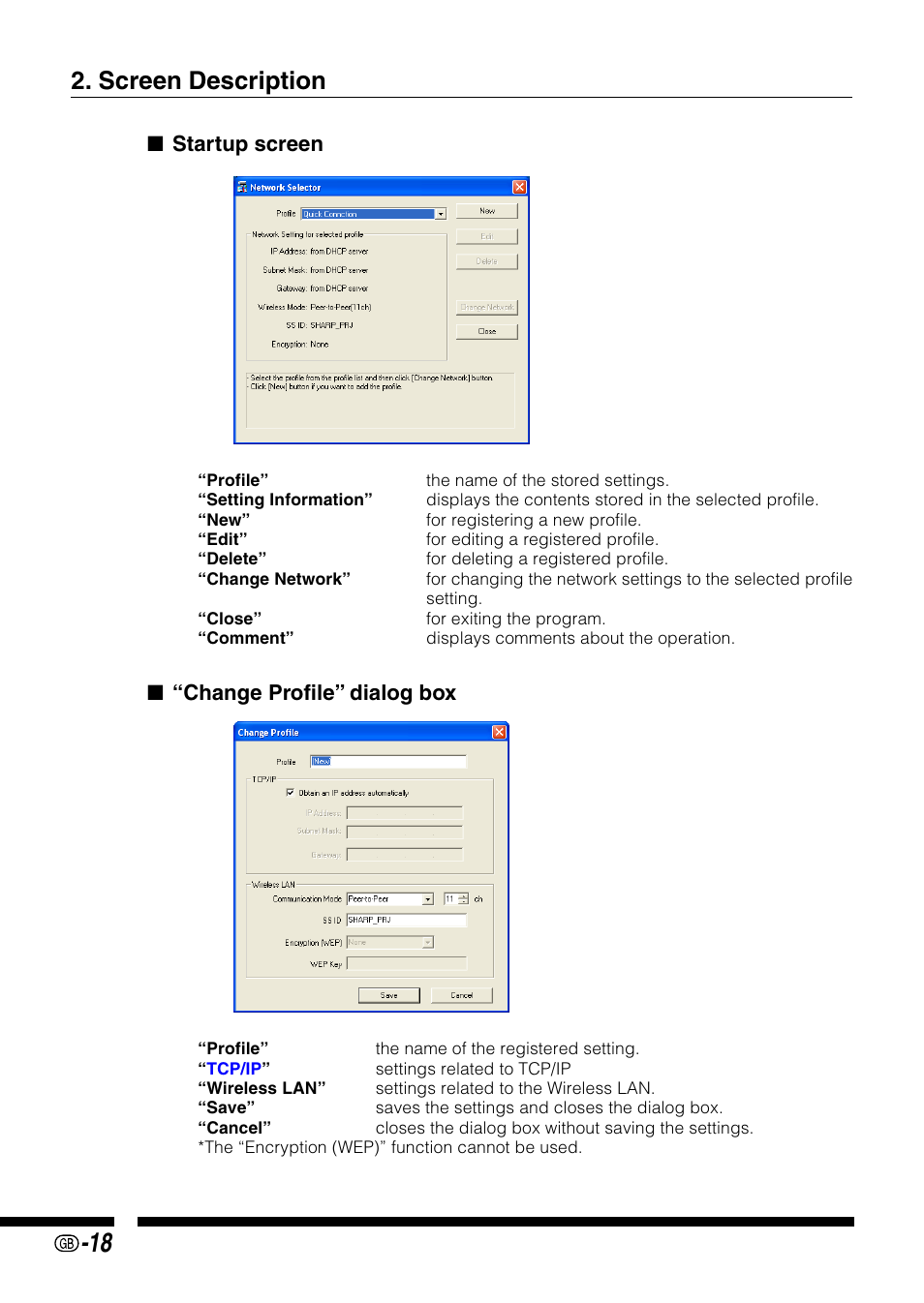 Screen description, Startup screen, Change profile” dialog box | Sharp PG-M25X User Manual | Page 18 / 62