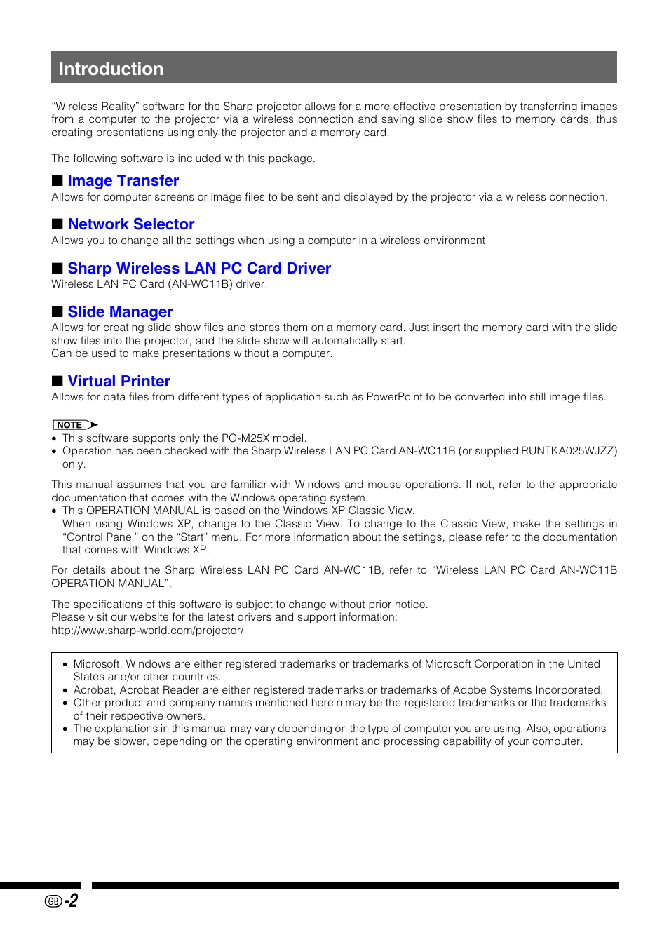 Introduction, Image transfer, Network selector | Sharp wireless lan pc card driver, Slide manager, Virtual printer | Sharp PG-M25X User Manual | Page 2 / 62