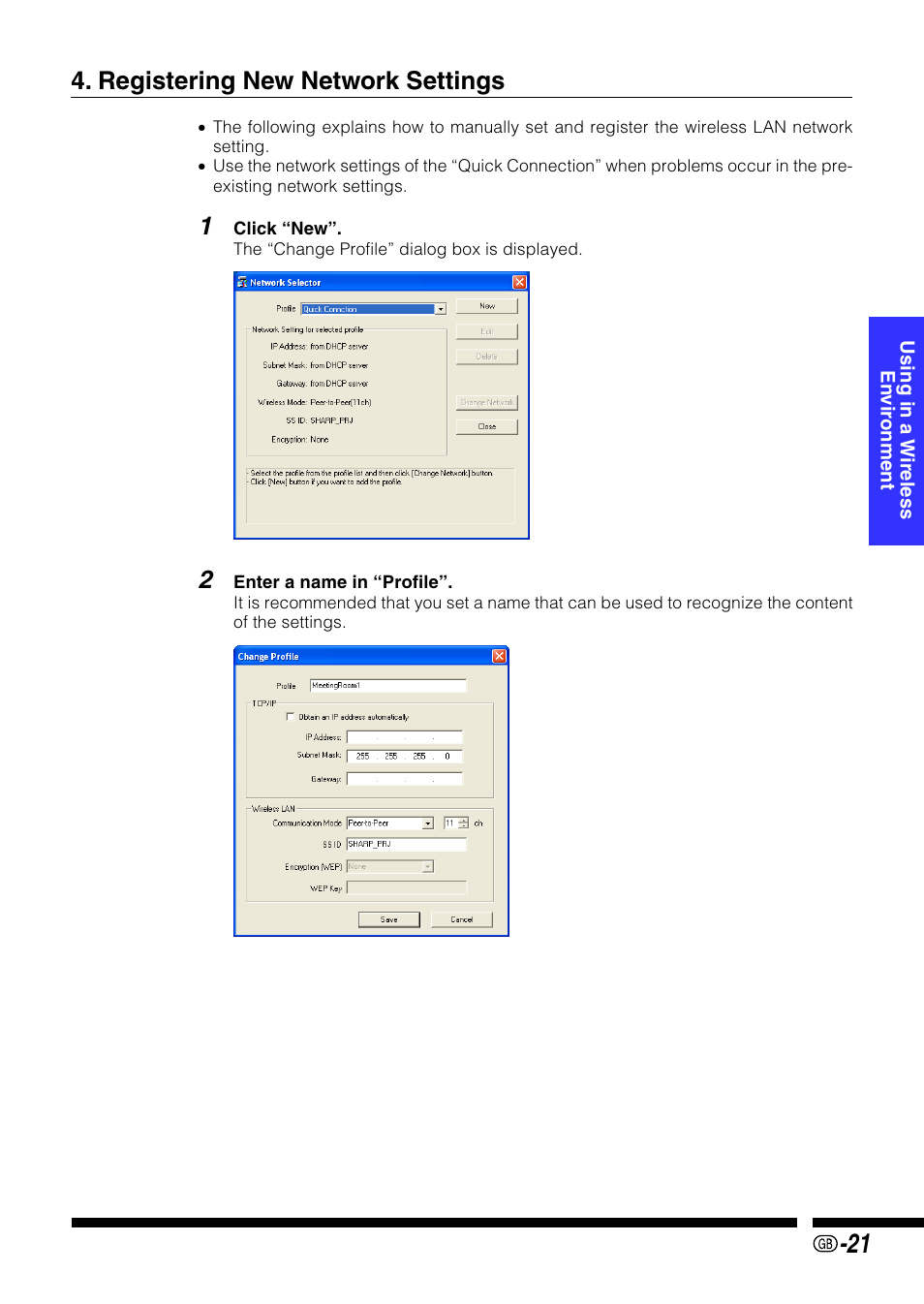 Registering new network settings | Sharp PG-M25X User Manual | Page 21 / 62