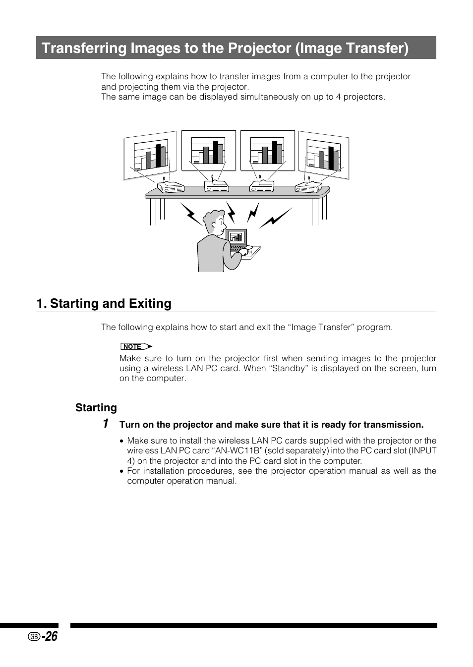 Starting and exiting, Image transfer | Sharp PG-M25X User Manual | Page 26 / 62