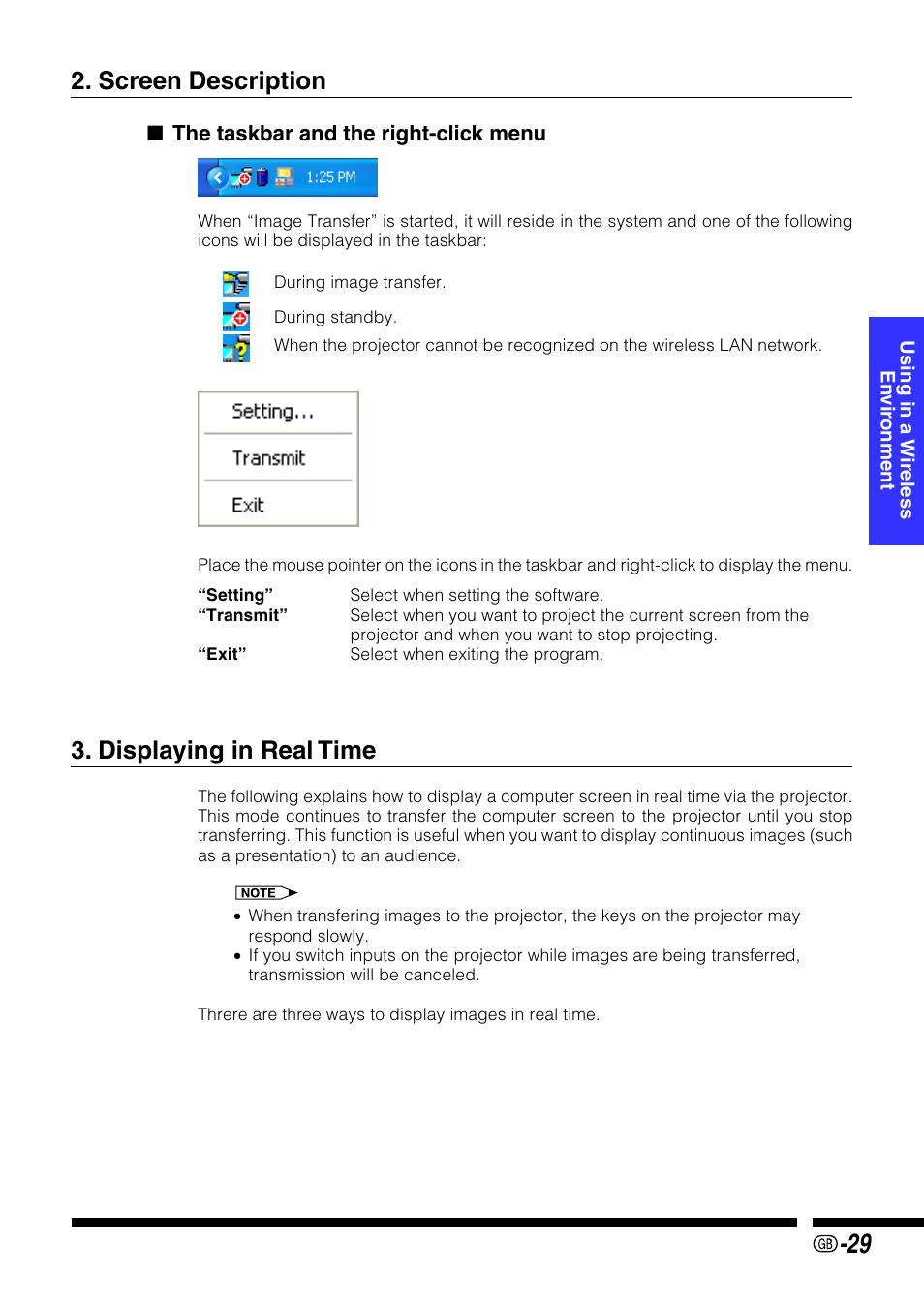 Screen description, Displaying in real time, Screen description 3. displaying in real time | Sharp PG-M25X User Manual | Page 29 / 62