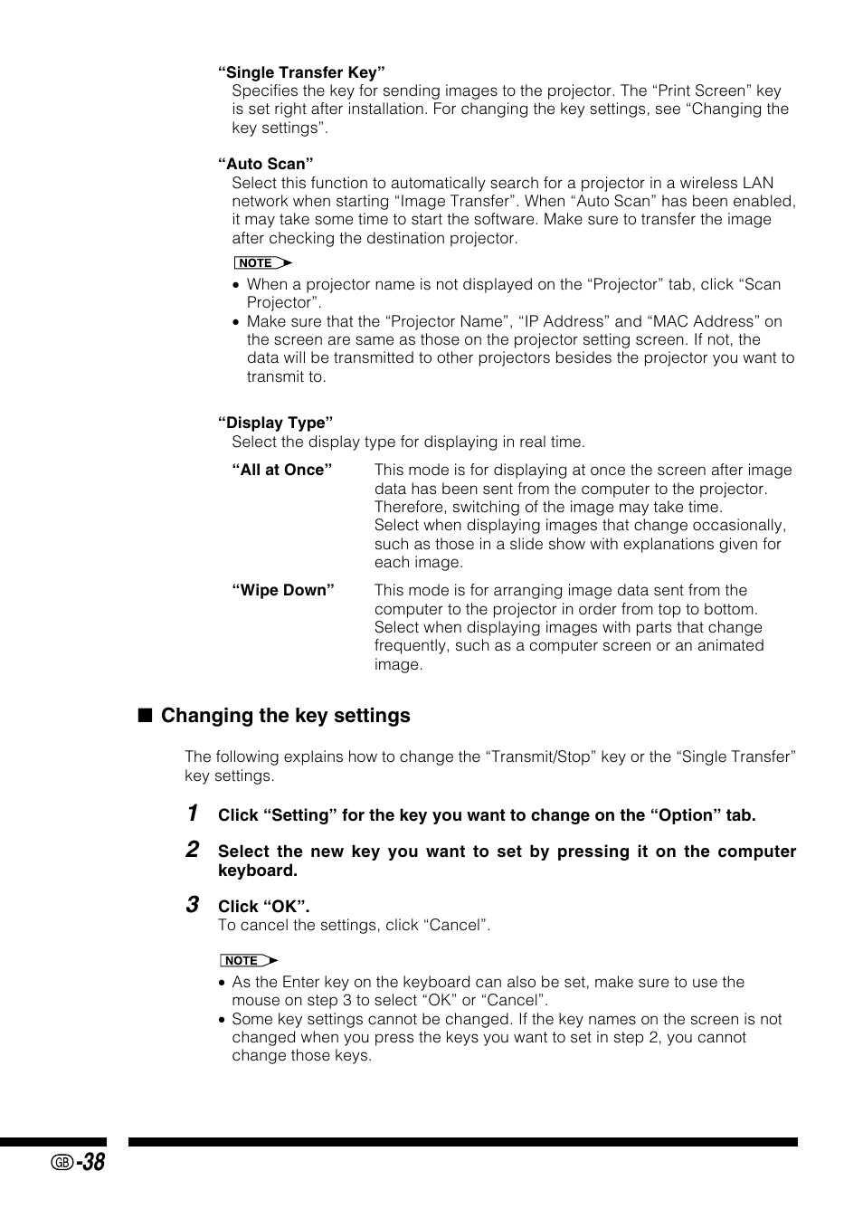 Changing the key settings | Sharp PG-M25X User Manual | Page 38 / 62