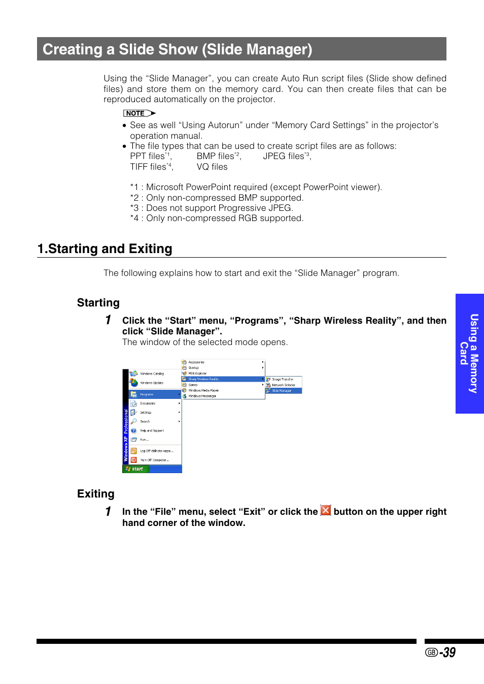 Using a memory card, Creating a slide show (slide manager), Starting and exiting | Using a memory, Card, Slide manager, Using a memor, Starting, Exiting | Sharp PG-M25X User Manual | Page 39 / 62